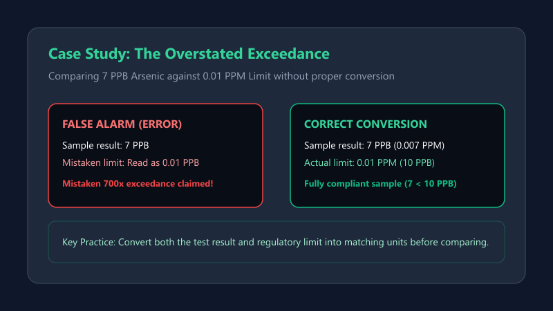 Comparative chart matching 8 PPB arsenic to 0.008 PPM regulatory threshold