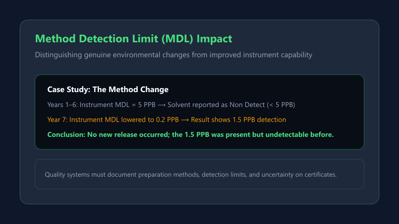 Timeline showing analytical detection limit improvements versus actual contaminant presence