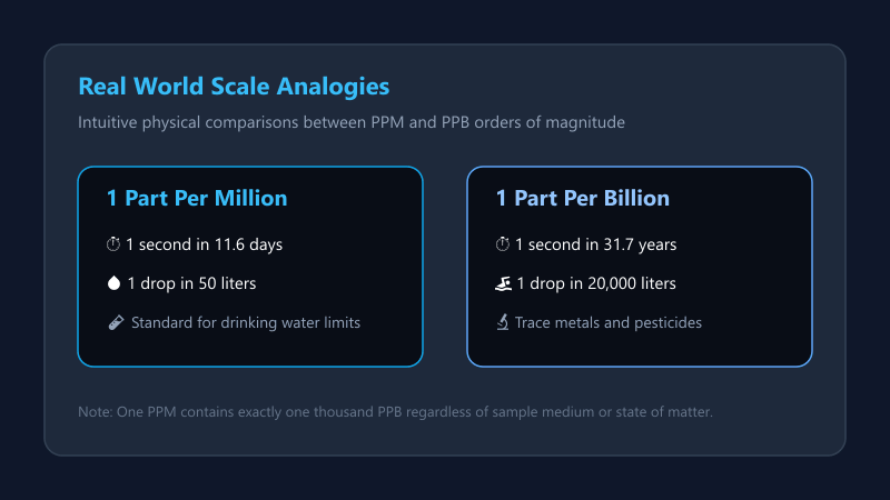 Time and volume analogies comparing one part per million to one part per billion