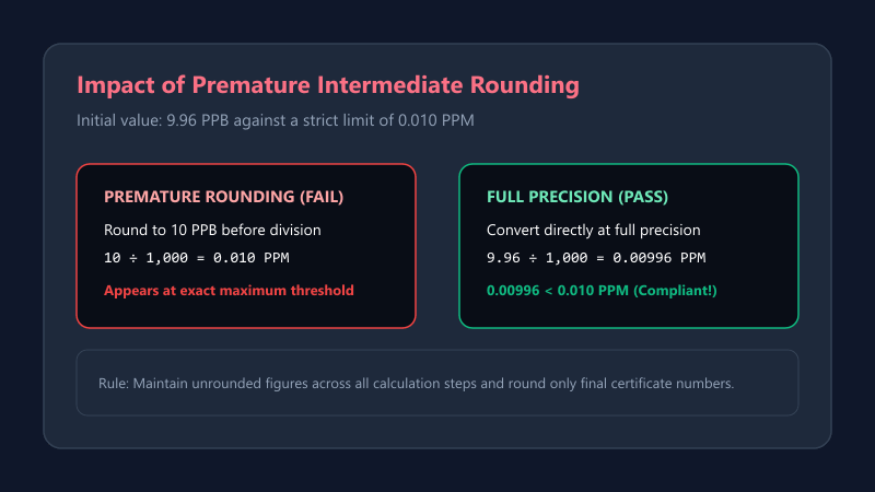 Flowchart showing compliance divergence caused by early intermediate rounding